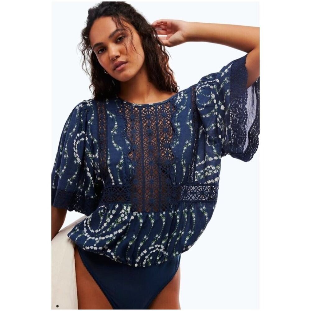 Free People FP Intimately Bali Tate Navy Floral Lace Bodysuit NWT Size Small